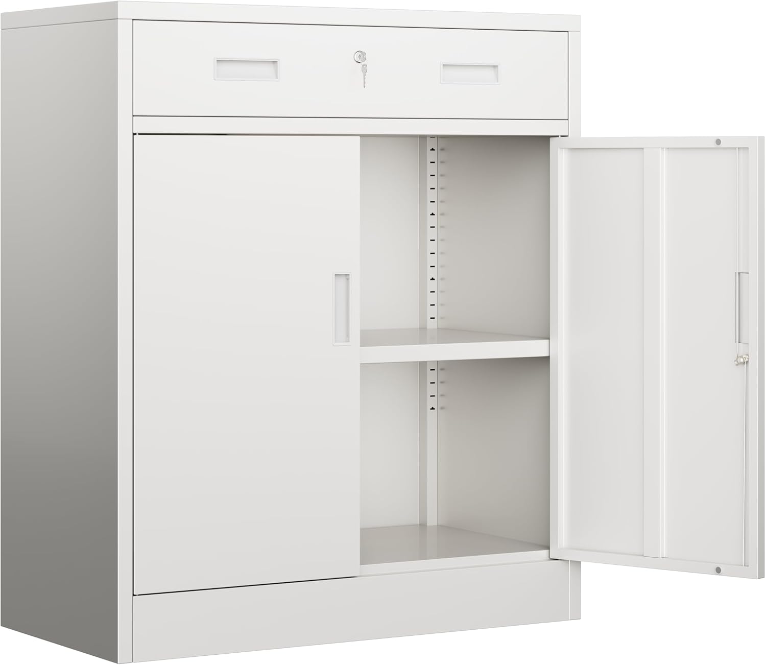 BESFUR Metal Garage Storage Cabinet with One Lockable Drawer 2 Locking Doors and an Adjustable Shelf, 36' White Metal Short Storage Cabinet for Home Office, Garage,School,Utility Room