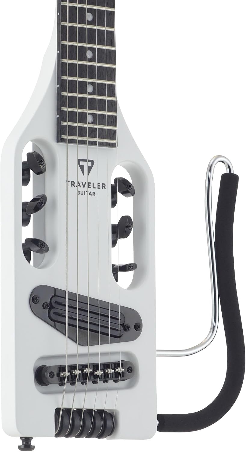 Traveler Guitar Ultra-Light Electric Guitar Satin White | Portable Electric with Removable Lap Rest | Full 24 3/4' Scale Headless Guitar | Custom Gig Bag Included