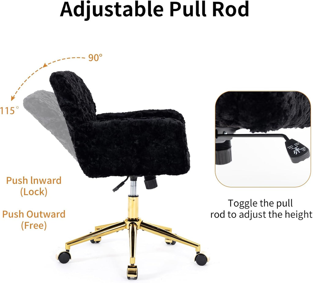 Shenyon Black Office Chair Faux Fur Vanity Chair, Comfortable Home Office Desk Chairs with Wheels and Arms, Swivel Wide Office Chair Makeup Chair Height Adjustable for Office, Study, Bedroom, Black