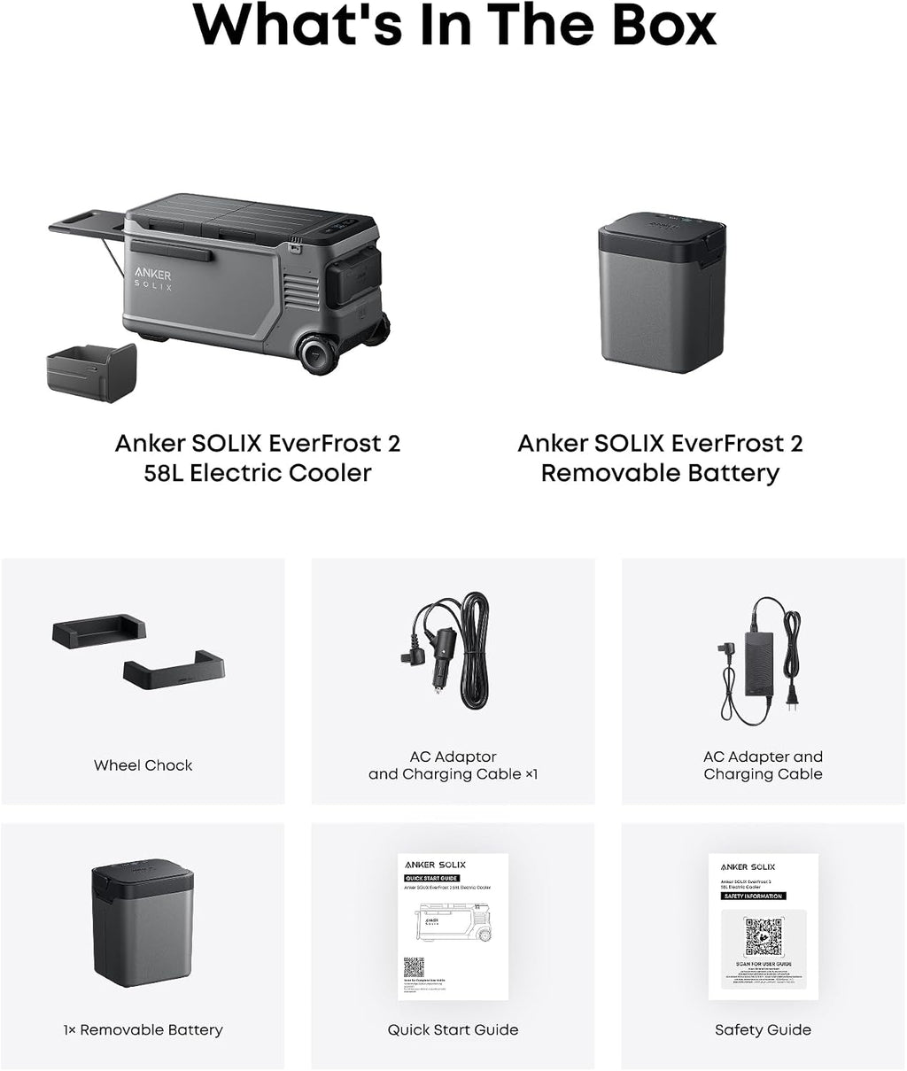 Anker SOLIX EverFrost 2 58L Cooler with Extra Battery, 61 qt Car Refrigerator, Electric Cooler with 288Wh Battery, Powered by AC/DC or Solar,for Outdoor Camping, Travel, and Fishing, Fits in Trucks