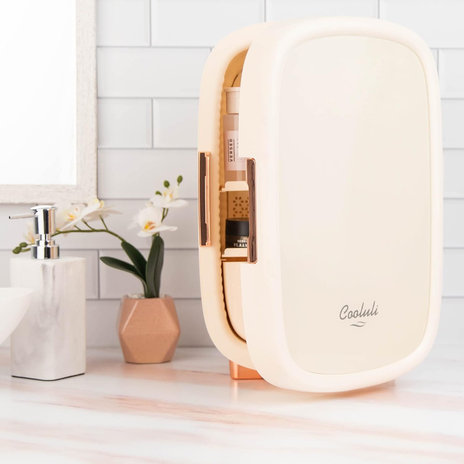 Cooluli Beauty 12L Skincare Fridge - for Makeup, Cosmetic & Facial Skin Care Products - for Women & Teen Girls - Pearl White Mini Fridge for Bedroom & Bathroom Vanity - Interior LED Lights