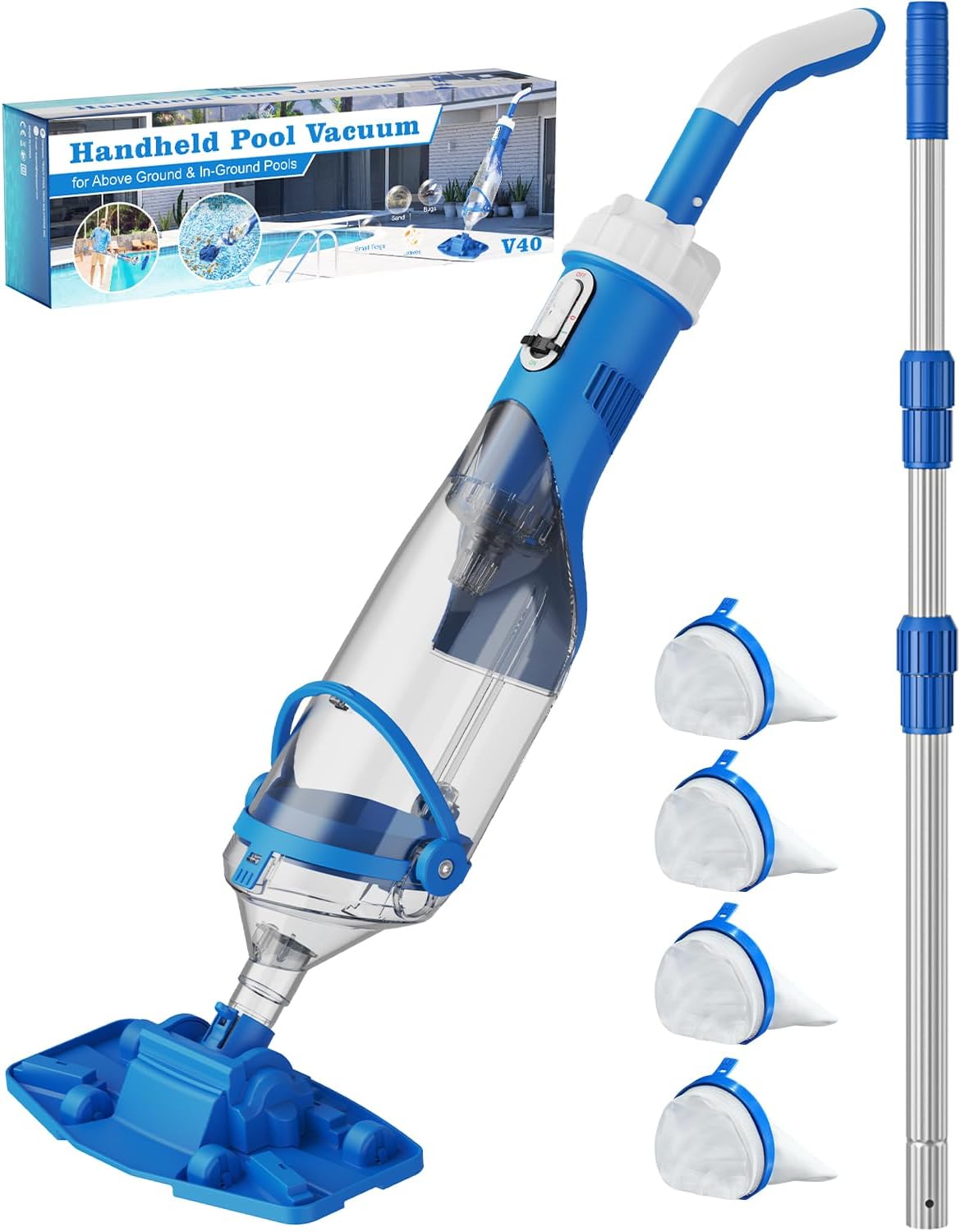 Cordless Pool Vacuum with Telescopic Pole, 18.5 GPM Powerful Suction, 1.5H Supercharge Technology, Handheld Pool Vacuum Cleaner for Above Ground/Inground Pools, Hot Tubs, Blue