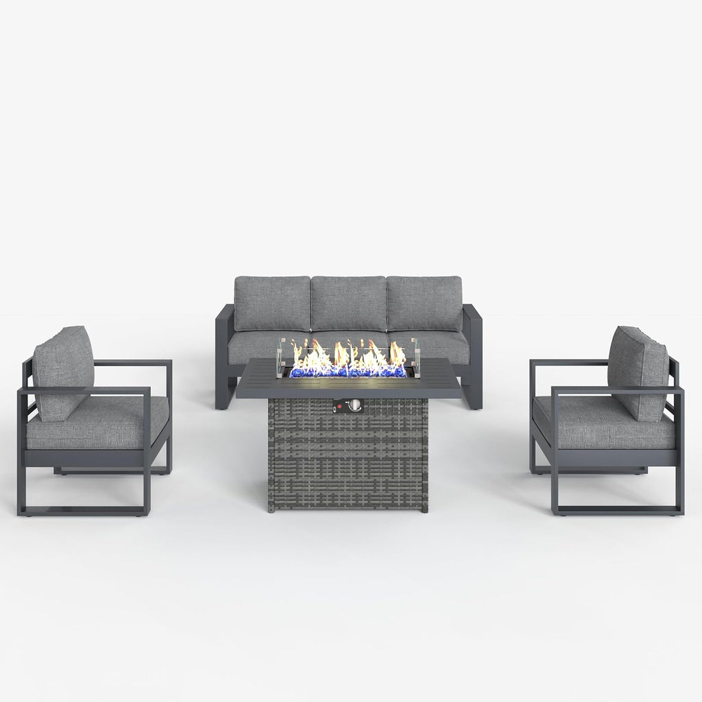 LayinSun 4 Pieces Aluminum Outdoor Patio Furniture Set, Metal Modern Conversation Sofa Set with Fire Pit Table and Washable Thick Cushions for Porch, Backyard, Deck