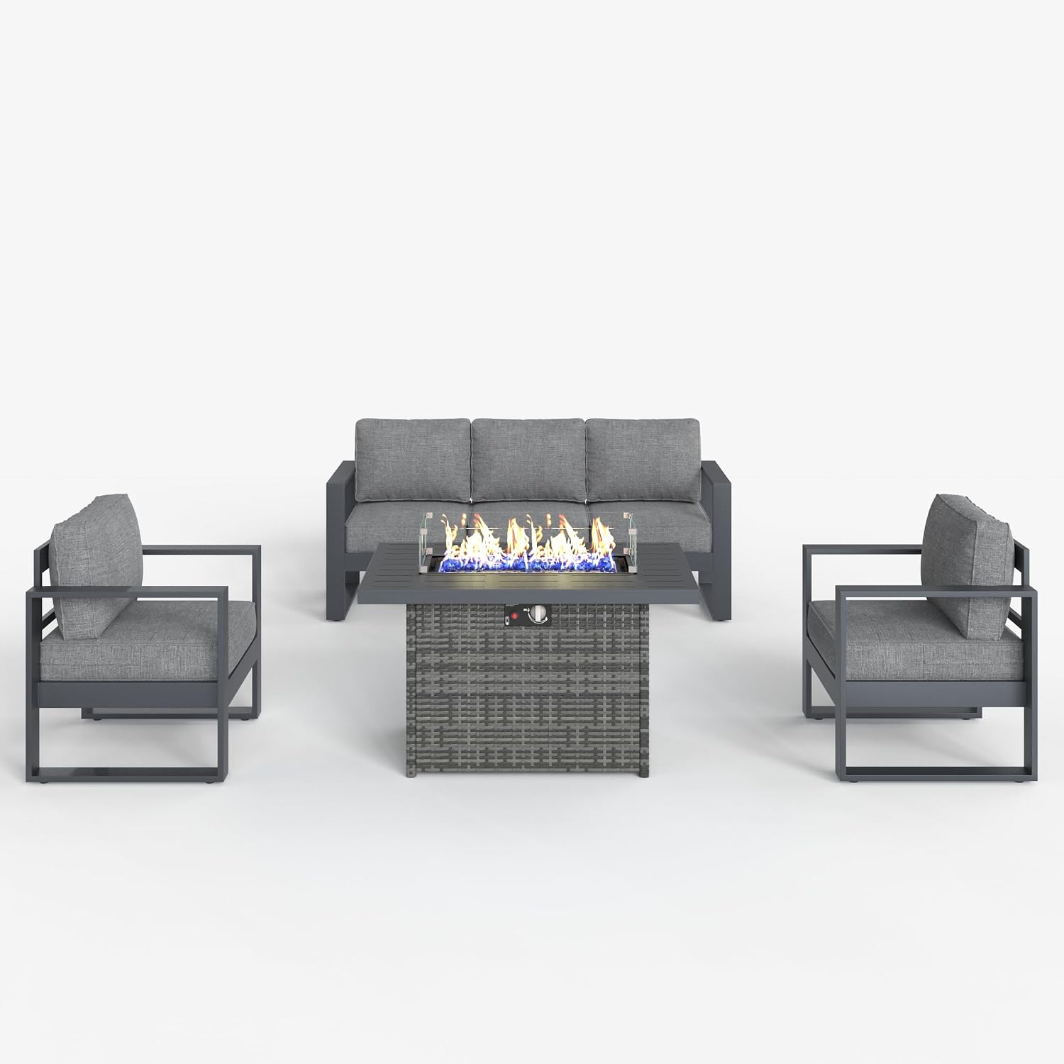 LayinSun 4 Pieces Aluminum Outdoor Patio Furniture Set, Metal Modern Conversation Sofa Set with Fire Pit Table and Washable Thick Cushions for Porch, Backyard, Deck