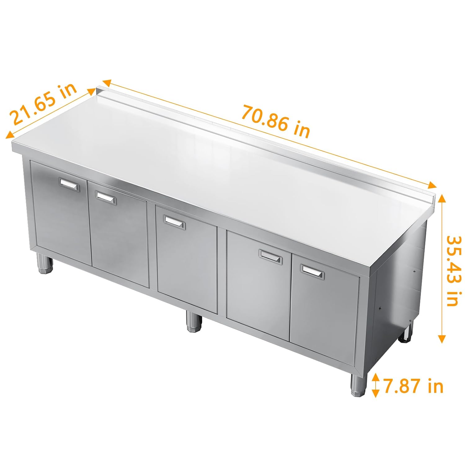WWK 70' x 21' Stainless Steel Table with Cabinet, Commercial Kitchen Table for Prep & Work, Heavy Duty Work Cabinet with 5 Doors for Outdoor, Kitchen, Restaurant, Hotel, Garage and Cafe