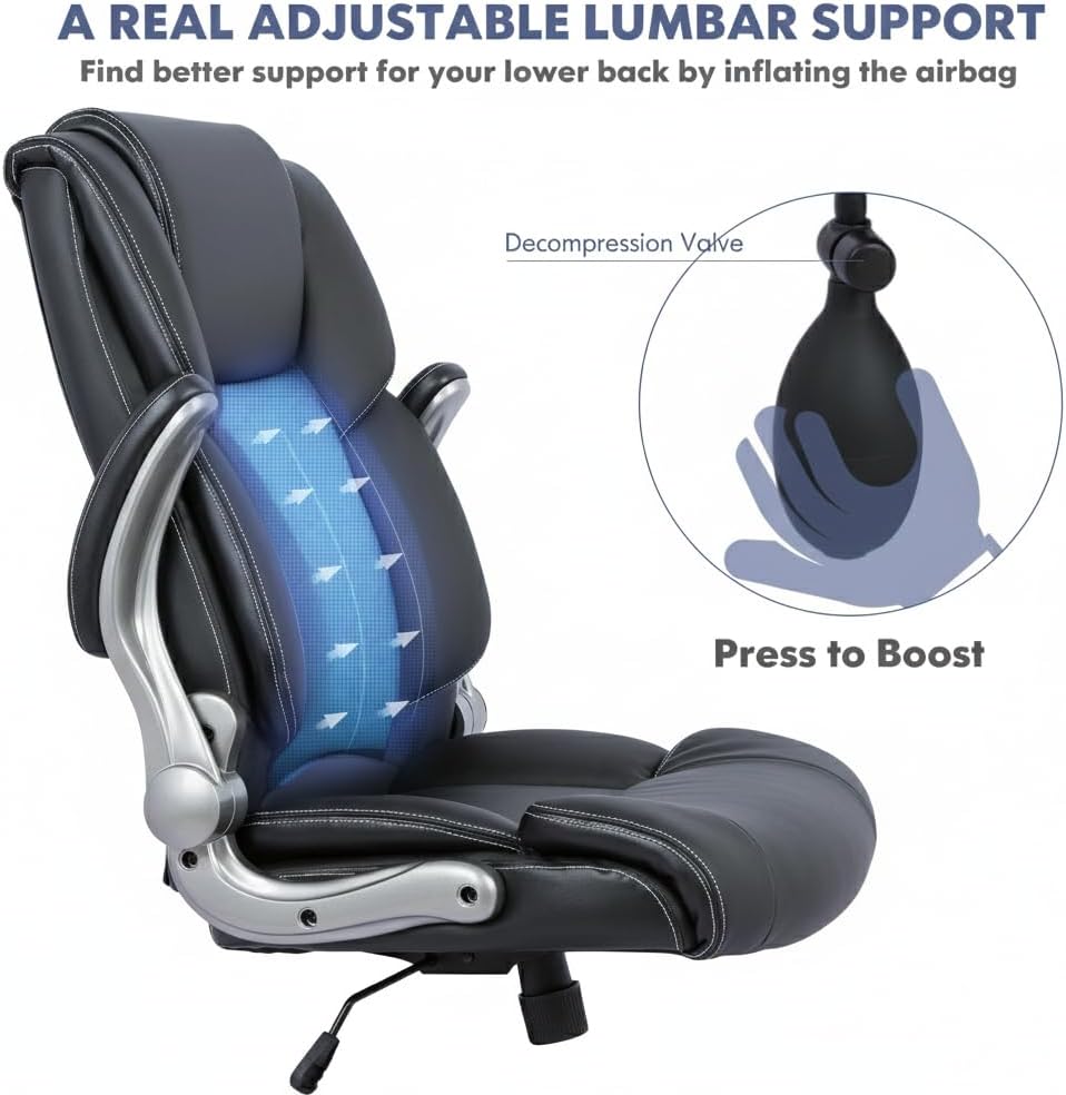 COLAMY Ergonomic Executive Office Chair with Lumbar Support, Flip-Up Arms, Bonded Leather High Back Desk Chair for Home Office & Workstation, Computer Chair for Adults Men Women, Black