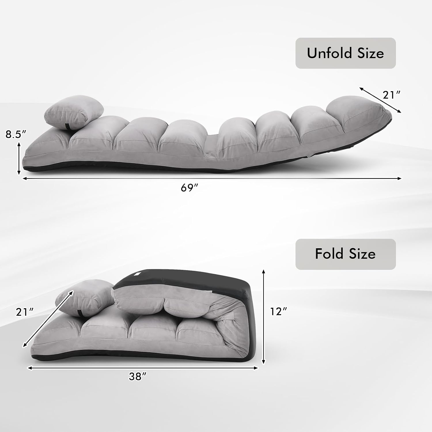 Moccha Floor Chairs for Adults, Adjustable 5-Position Floor Lounger w/Thick Padded & Pillow, No Assembly Folding Lazy Sofa Chair for Gaming, Light Weight Chaise Lounge (Without Armrest, Grey)