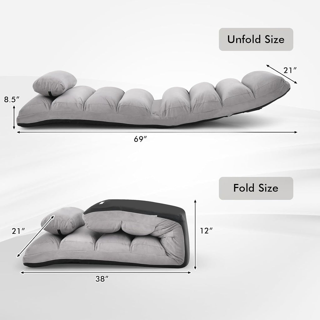 Giantex Folding Lazy Sofa Chair, Modern Chaise Lounge W/Pillow for Reading Leisure, Foldable Comfy Floor Accent Chair for Bedroom Living Room (Gray)