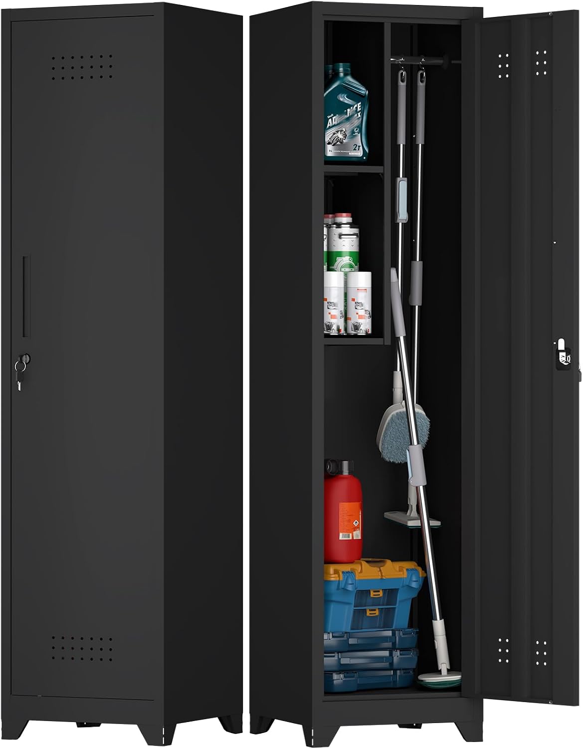 Slim Broom Closet Storage Cabinet, Black Metal Cabinets with Lock and & S-Hooks, Cleaning Supply Cabinet, Utility Closet Cabinets for Garage, Office, Gym