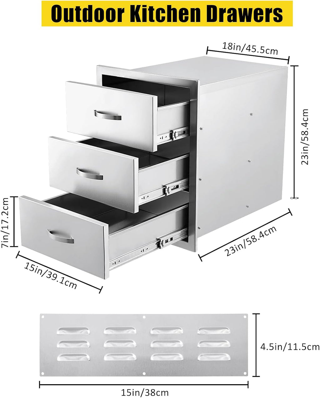 18W x 23D x 23H Inch Outdoor Kitchen Drawers Stainless Steel, Flush Mount Triple Drawers with Stainless Steel Handle, Venting Panel Weatherproof for Kitchen Island Patio, Grill Station