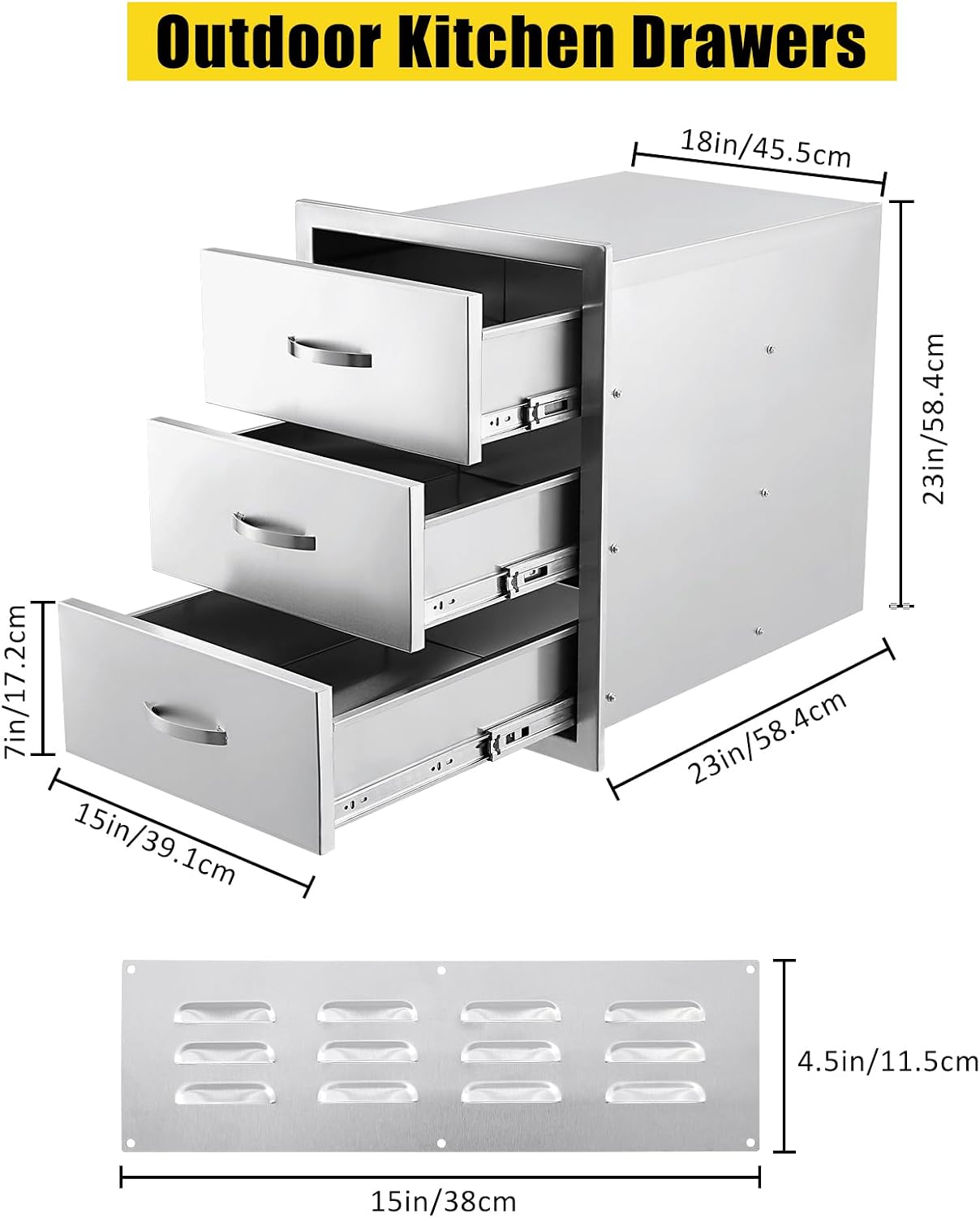 18W x 23D x 23H Inch Outdoor Kitchen Drawers Stainless Steel, Flush Mount Triple Drawers with Stainless Steel Handle, Venting Panel Weatherproof for Kitchen Island Patio, Grill Station