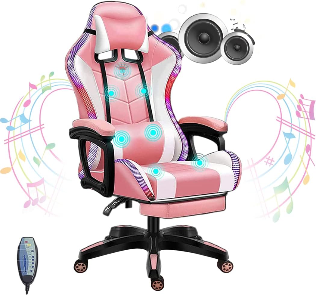 Gaming Chair with Speakers and LED Lights, Massage Computer Chair for Adults, Video Game Chair with Footrest and Lumbar Support, PU Leather Gamer Chair for Adults and Teens,Pink