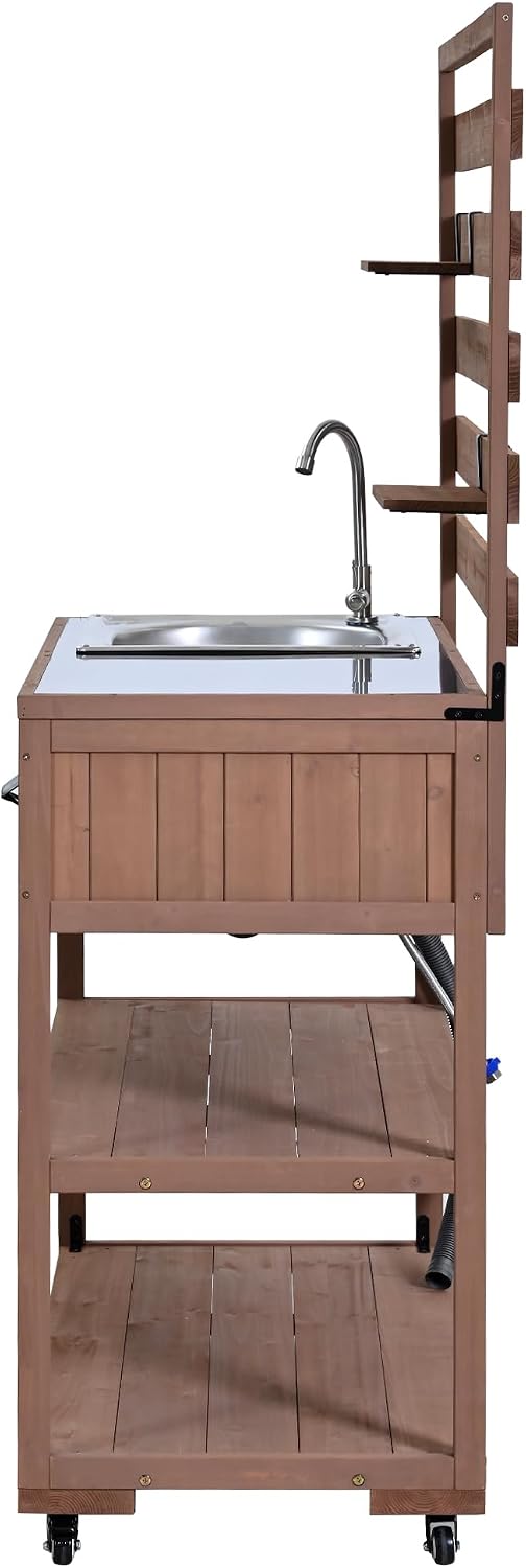 41.7'' Large Patio Rolling Kitchen Island Solid Wood Kitchen Cart with Sink, Garden Potting Bench with Stainless Table Top, 2 Movable Shelves and 1 Bottle Opener (Brown-41.7'')