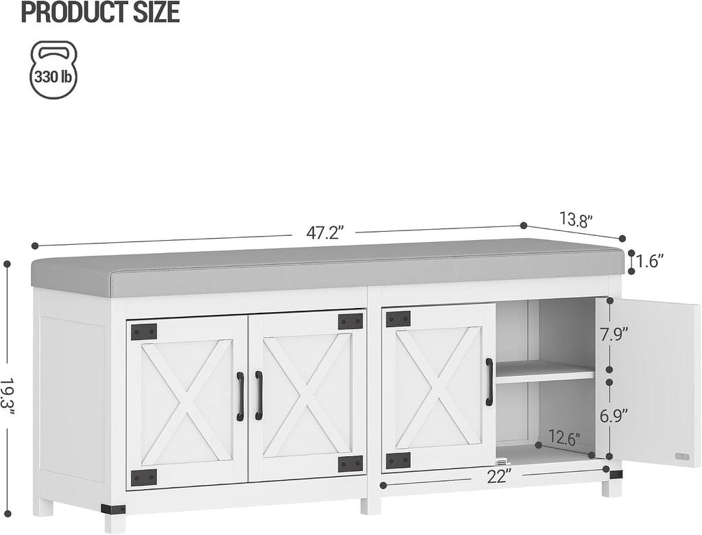 Hzuaneri Shoe Storage Bench, 2 Tier Shoe Bench with Padded Seat Cushion & 4 Barn Doors, Entryway Bench with Adjustable Shelf, Farmhouse Shoe Cabinet for Living Room, Bedroom, White SB31203GY