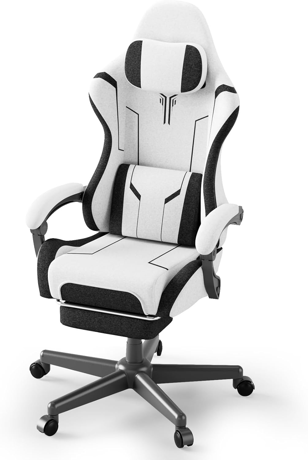 Soontrans White Gaming Chair, Fabric Ergonomic Computer Chair with Footrest and Linkage Armrest for Adult, High Back Office Game Chair with Massage Lumbar Support