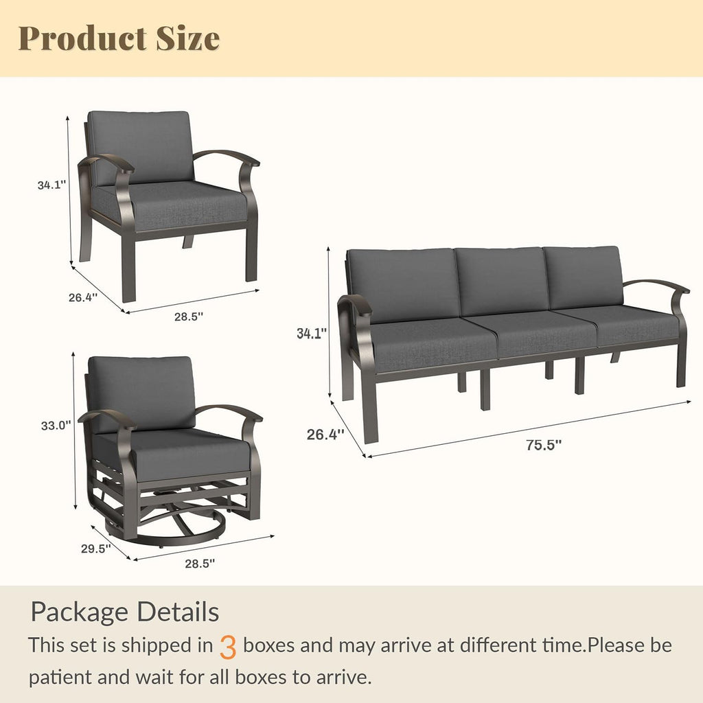 Aluminum Patio Furniture Set Patio Conversation Set,7 Seats Metal Modern Outdoor Furniture w/5.1' Cushions,Patio Sectional w/Swivel Chairs for Patio,Backyard,Grey