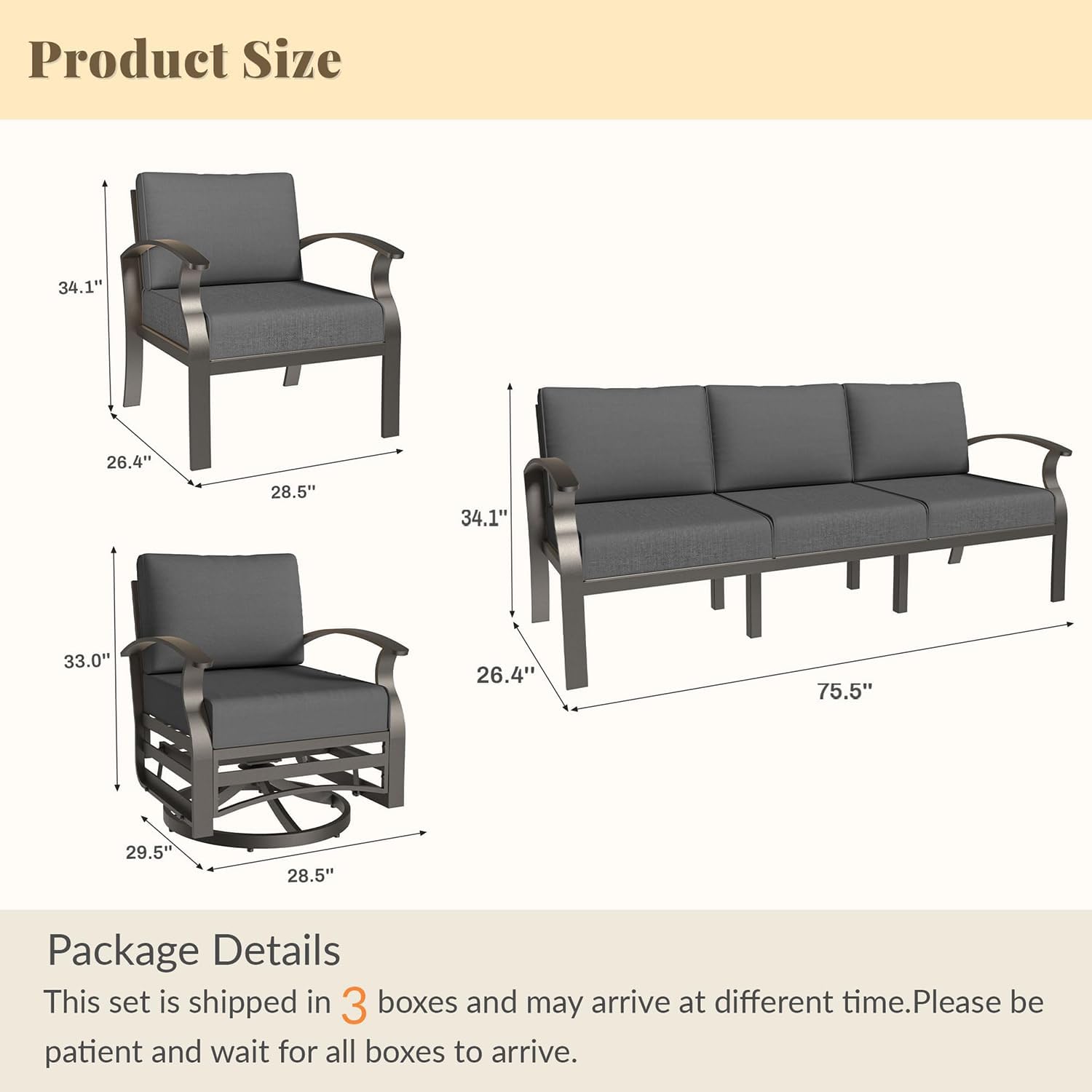 Aluminum Patio Furniture Set Patio Conversation Set,7 Seats Metal Modern Outdoor Furniture w/5.1' Cushions,Patio Sectional w/Swivel Chairs for Patio,Backyard,Grey
