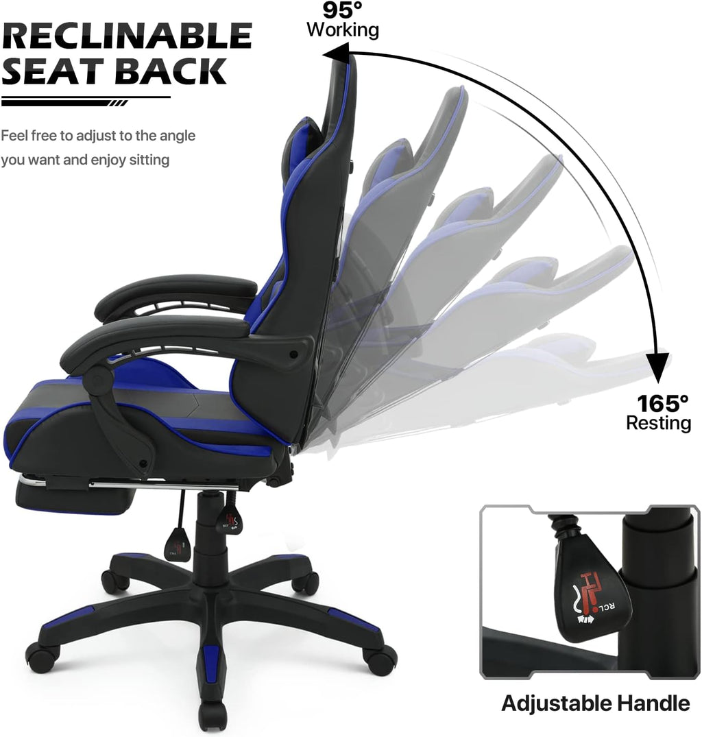 MoNiBloom Gaming Chair with Headrest & Lumbar Support Ergonomic Computer Racing Chair with Footrest, Adjustable Hight Leather Swivel Computer Chair for Adult Teen Office or Gaming, Blue