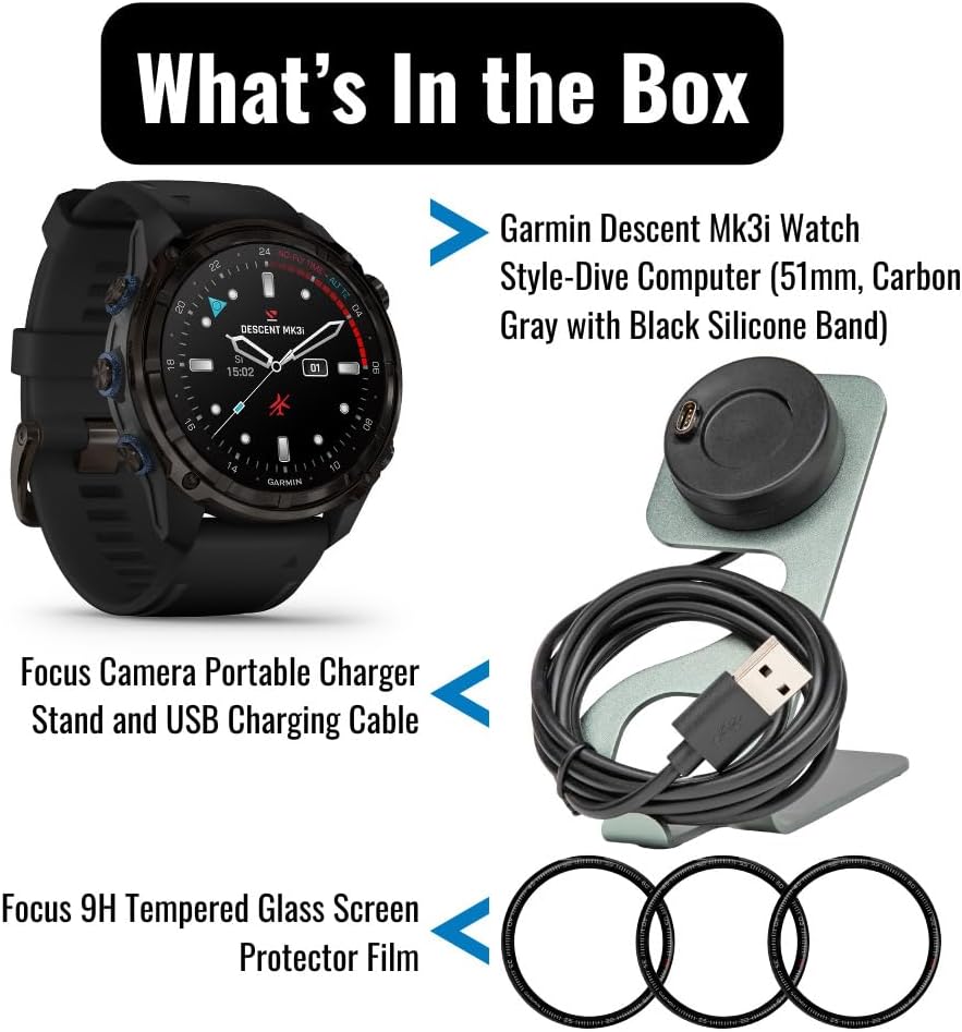 Garmin Descent Mk3i Watch-Style 51mm Dive Computer (Carbon Gray, Black Band) Bundle with Focus Camera Charger Stand for Smartwatches and Focus Camera 9H Tempered Glass Screen Protector Film (3 Items)