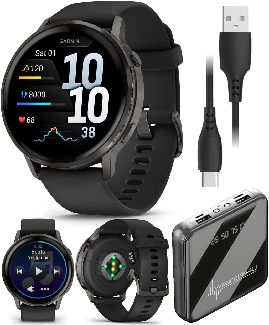 Garmin Venu 4 45mm AMOLED Advanced Health & Fitness GPS Smartwatch, Bright & Colorful Display, Built-in Flashlight, Up to 12 Days, Slate with Black Silicone Band w/Wearable4U PowerBank Bundle