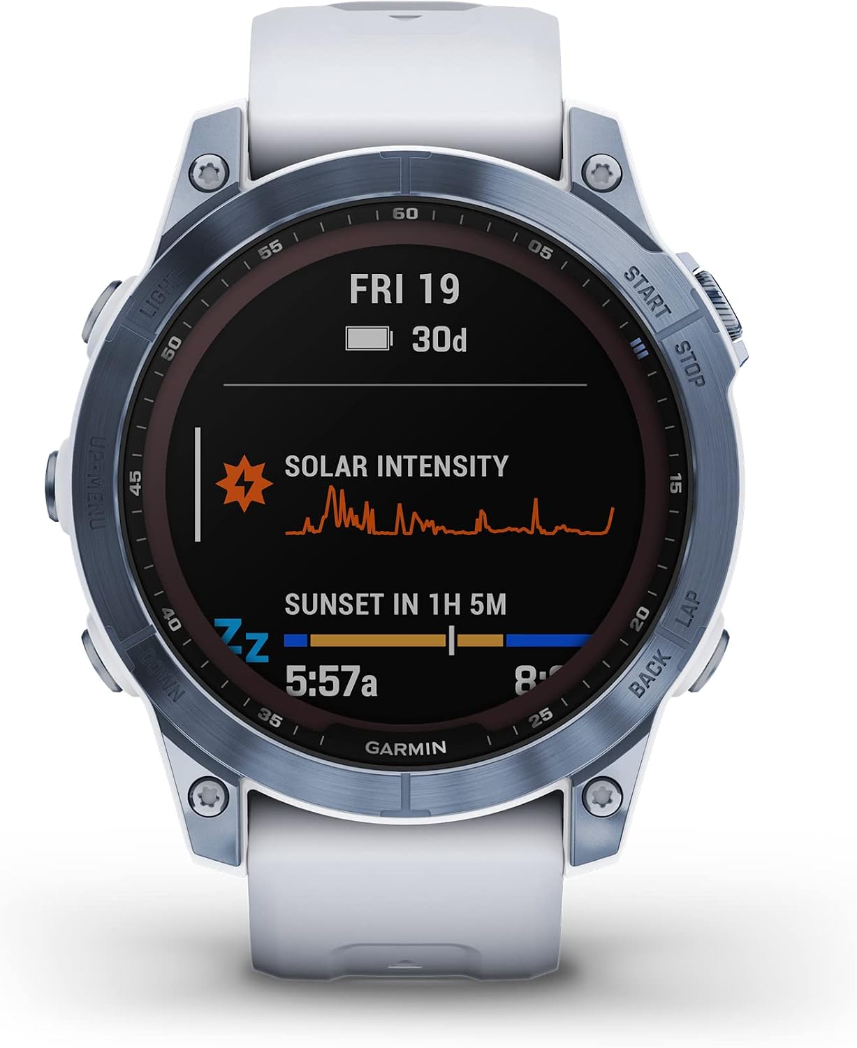 Garmin Fenix 7 Sapphire Solar, Adventure smartwatch, with Solar Charging Capabilities, Rugged Outdoor Watch with GPS, Touchscreen, Wellness Features, Mineral Blue DLC Titanium Whitestone Band