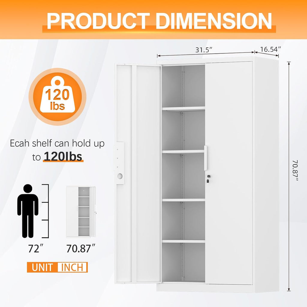 IRONFFICE Metal Locking Cabinet,Metal Storage Cabinet with Doors and Shelves,Tall White Cabinets for Home Office,Garage,Warehouse