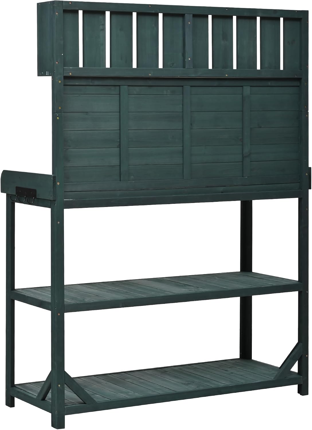 Harper & Bright Designs 65' Large Wooden Farmhouse Rustic Outdoor Potting Bench Table with 4 Storage Shelves and Side Hook, Patio Workstation, for Garden, Backyard, Forest Green