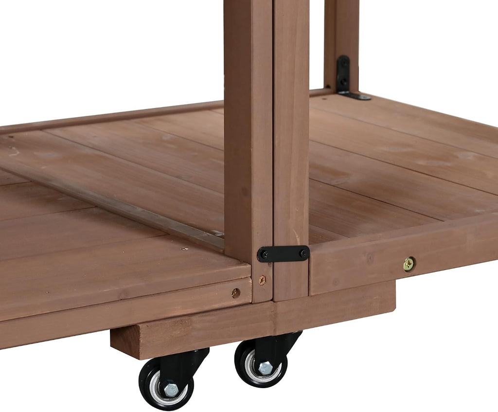 62.3'' Patio Kitchen Island, Solid Wood Kitchen Cart with Stainless Table Top, Garden Potting Bench with Raised Shelf and Drawers, Grill Prep Table for BBQ, Party (Brown-62.3'')