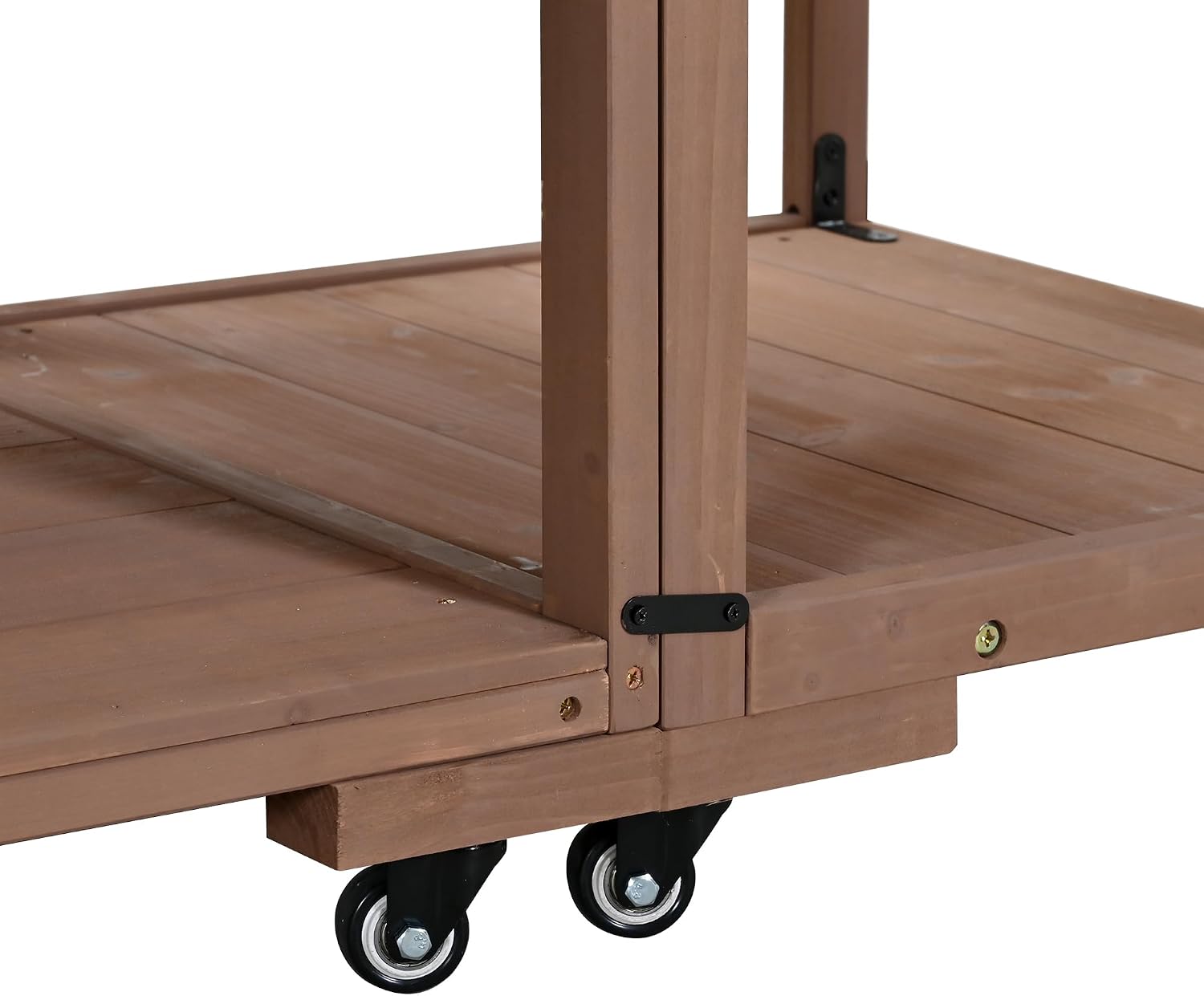 62.3'' Patio Kitchen Island, Solid Wood Kitchen Cart with Stainless Table Top, Garden Potting Bench with Raised Shelf and Drawers, Grill Prep Table for BBQ, Party (Brown-62.3'')