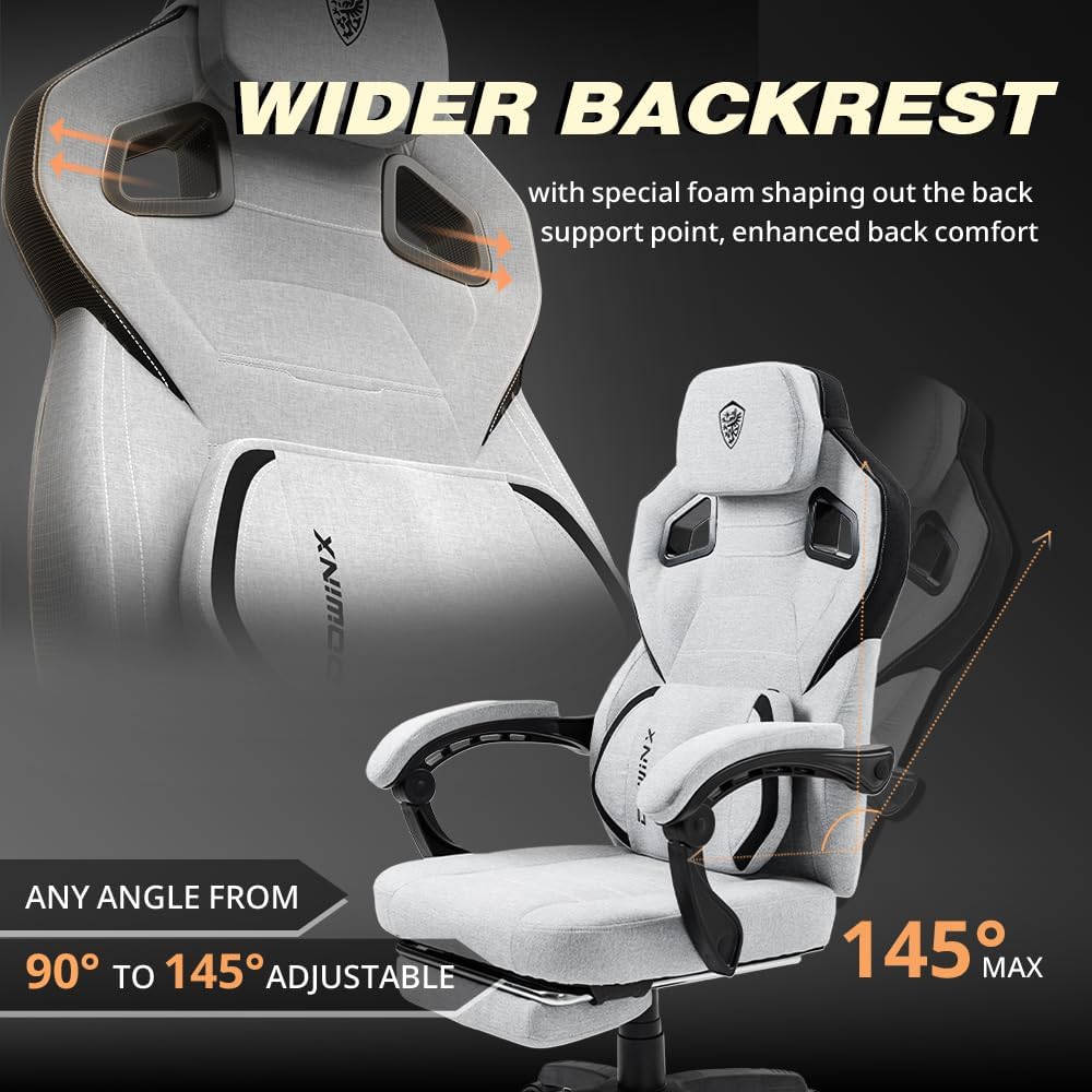 Dowinx Fabric Gaming Chair with Footrest, 350lb Big and Tall Gamer Chair, Wide Seat Ergonomic Computer Chair with Lumbar Massage Support, Wide Back Office Chair for Heavy People, Grey