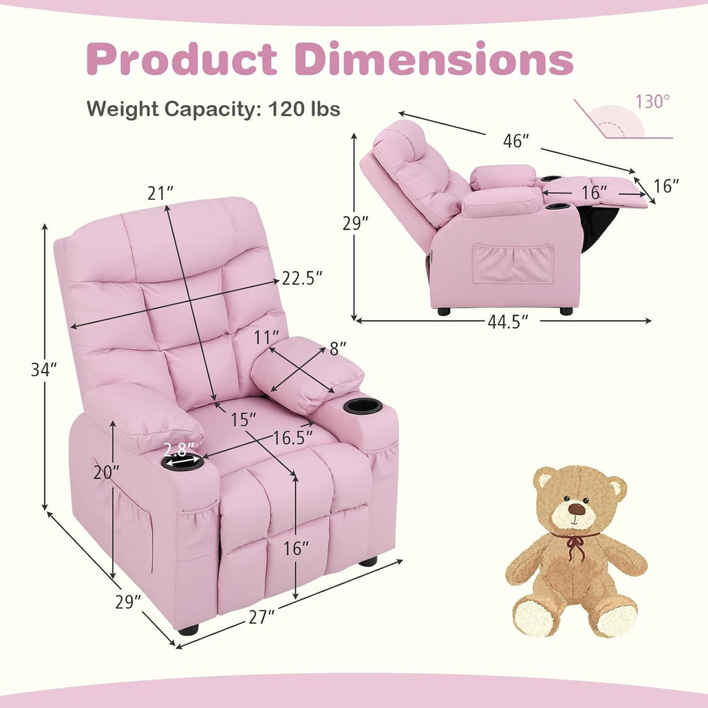 MAT EXPERT Kids Recliner, Leather Adjustable Reading Gaming Chair w/ 2 Cup Holder, 3 Side Pocket Storage & Footrest, Kids Couch,Toddler Recliner Sofa for Boys Girls, Kids Room Playroom Nursery (Pink)