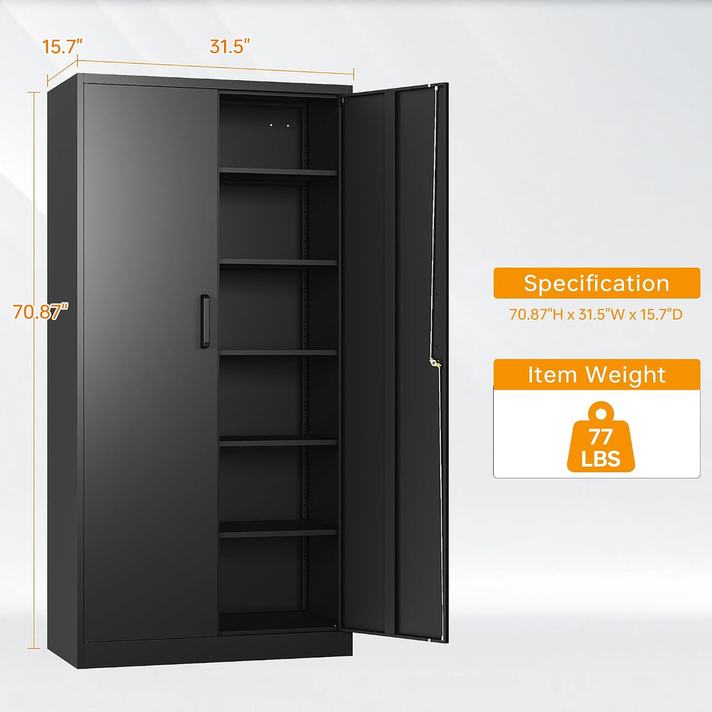 STANI Metal Garage Storage Cabinet with Lock, 71' Steel Lockable File Cabinet, Locking Steel Storage Cabinet with 5 Adjustable Shelves for Home, Office, Warehouse, Garage, School (Black)