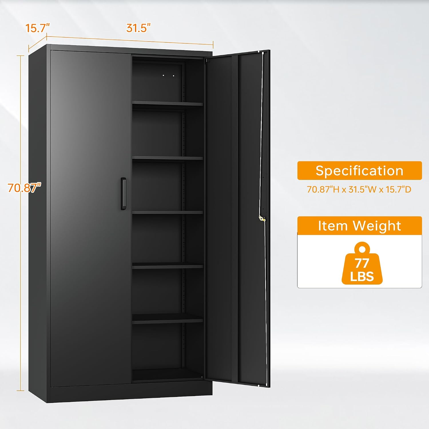 STANI Metal Garage Storage Cabinet with Lock, 71' Steel Lockable File Cabinet, Locking Steel Storage Cabinet with 5 Adjustable Shelves for Home, Office, Warehouse, Garage, School (Black)