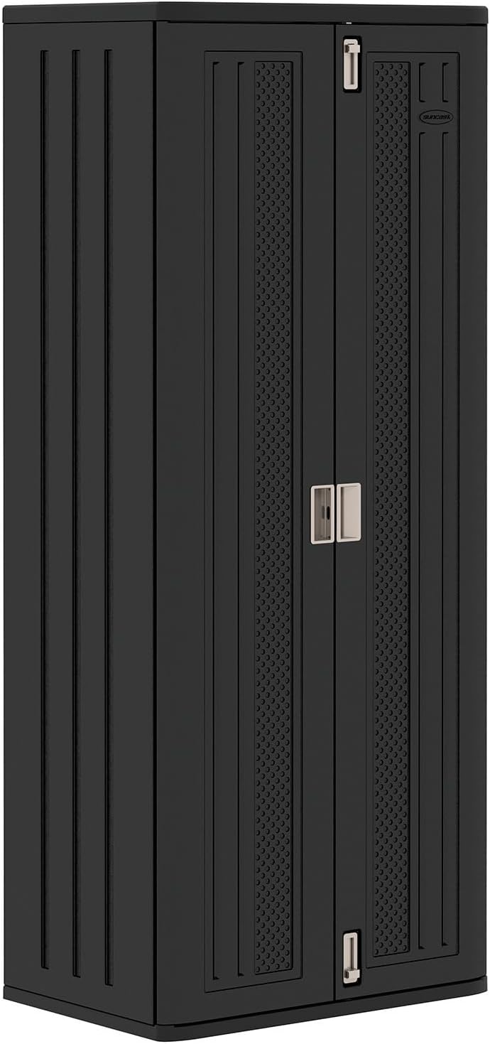 Suncast Tall Storage Cabinet, Black Resin Outdoor & Garage Storage Cabinet with Doors & Shelves, Plastic, Weather-Resistant, Lockable, Freestanding Utility Closet for Tools & Supplies, Made in USA