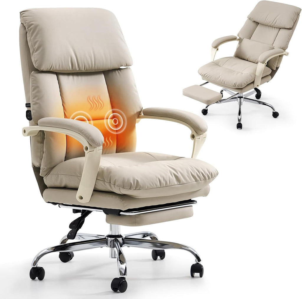EMIAH Heated and Massage Office Chair with Foot Rest, Executive Office Chair Reclining High Back PU Leather Comfy Swivel Computer Desk Chairs with Wheels and Lumbar Support for Home Office，Beige