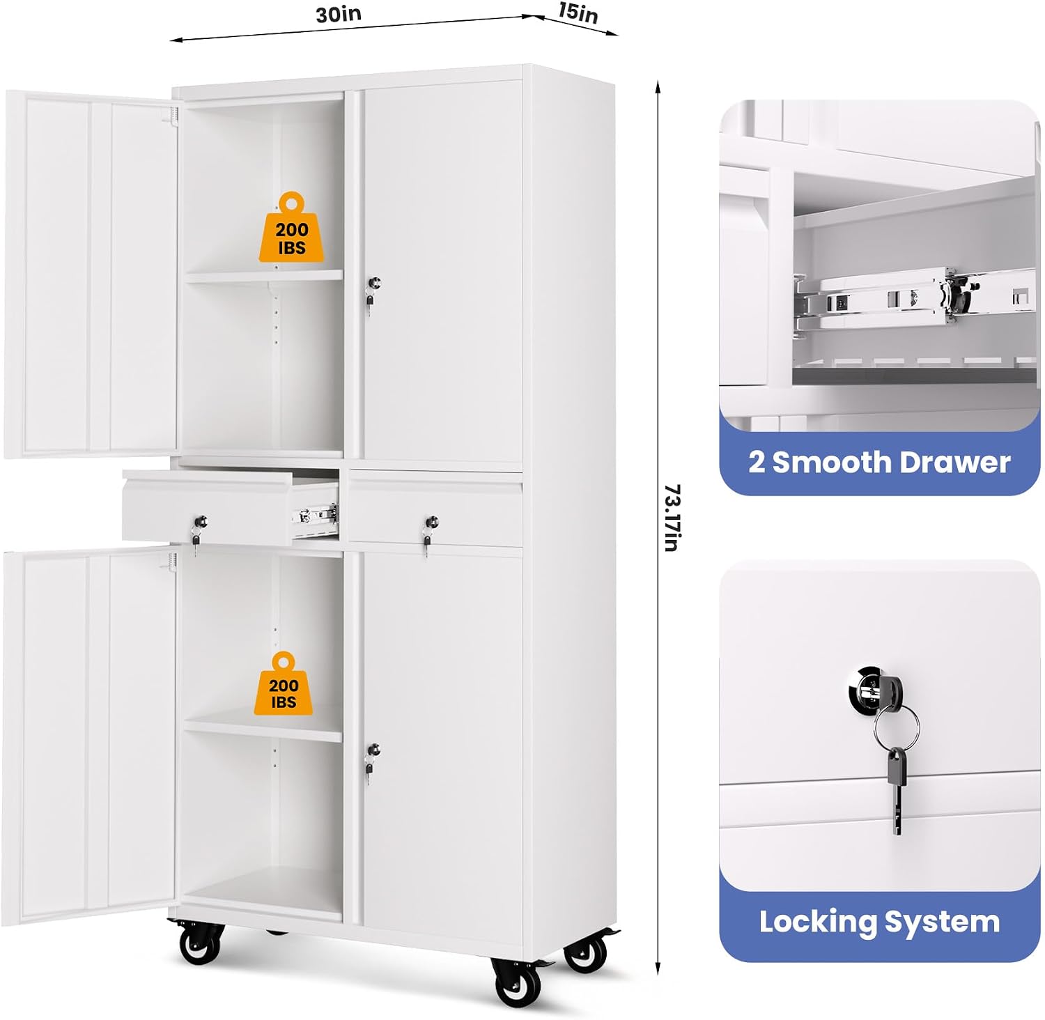 IDEALHOUSE 73'' Metal Storage Cabinet, Heavy Duty Garage Storage with Wheels, Locking Doors and 2 Drawers, Adjustable Shelves for Garage, Workshop, Office, White