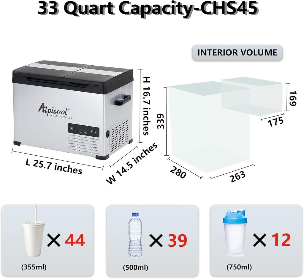 Alpicool CHS45 Dual Temperature Control 12 Volt Refrigerator 33 Quart Portable Car Fridge Freezer (-4°F~68°F) for Truck,RV,Camping and Travel