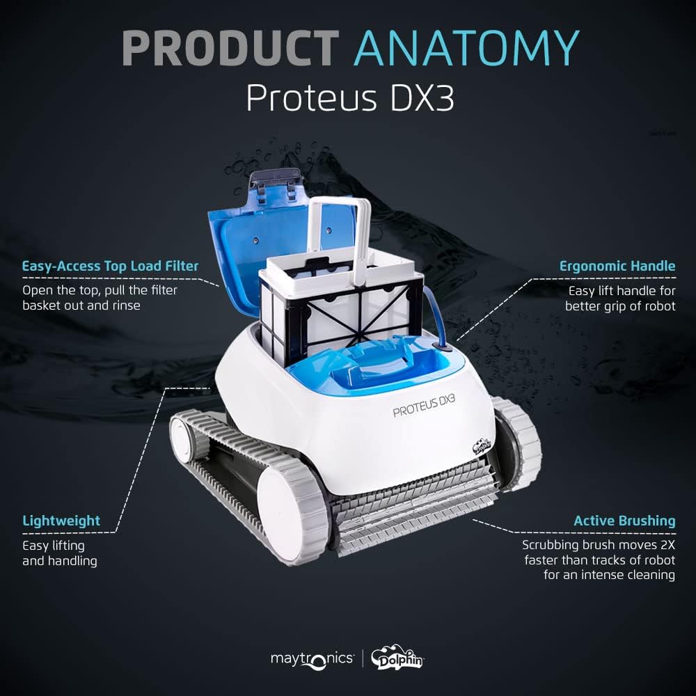 Dolphin Proteus DX3 Automatic Robotic Pool Vacuum Cleaner, Wall Climbing, Active Scrubber Brush, Ideal for In-ground Pools up to 33 FT in Length