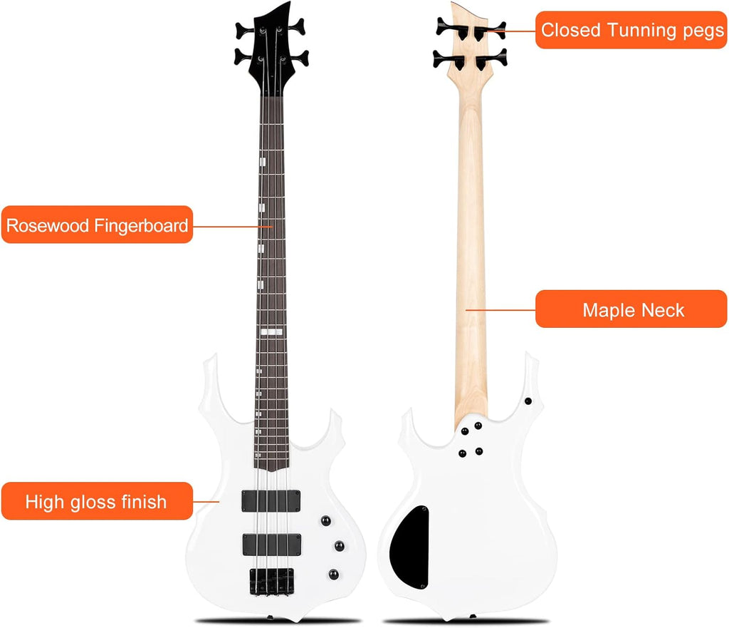 Ktaxon Electric Bass Guitar Full Size Flame Design Bass Set with 20 Watt Amplifier, Portable Bass Bag, Superior Amp Wire, Adjustable Guitar Strap, Plectrum, Wrench Tool(White)