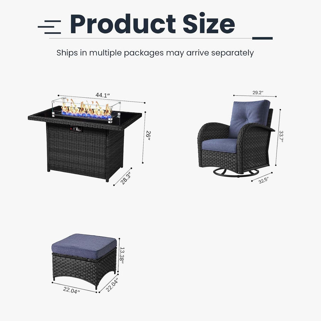 7 Pieces Patio Furniture Sets with Fire Pit Table, Wicker Rattan High Back Outdoor Swivel Rocking Chairs Set with Side Table