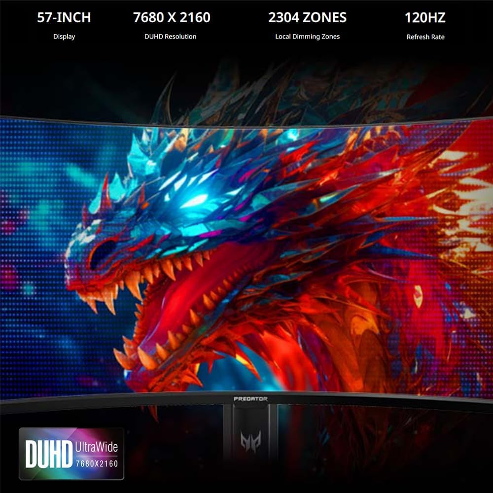 acer Predator Z57 | 57' DUHD 7680 x 2160 Mini LED 1000R Curved Gaming Monitor | AMD FreeSync Premium | 120Hz | 1ms | VESA DisplayHDR 1000| DCI-P3 98% | KVM Switch | USB Type-C, DP 1.4 & 2 x HDMI 2.1