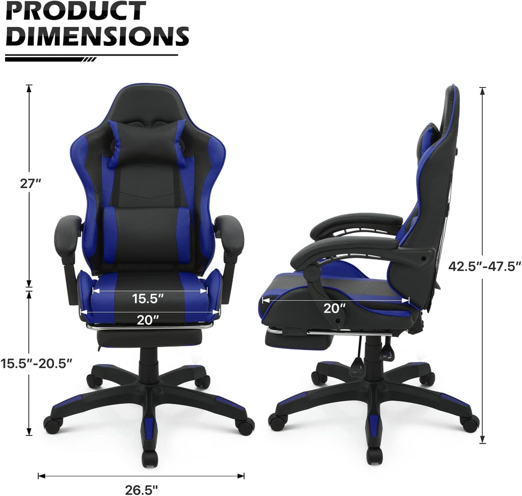 MoNiBloom Gaming Chair with Headrest & Lumbar Support Ergonomic Computer Racing Chair with Footrest, Adjustable Hight Leather Swivel Computer Chair for Adult Teen Office or Gaming, Blue