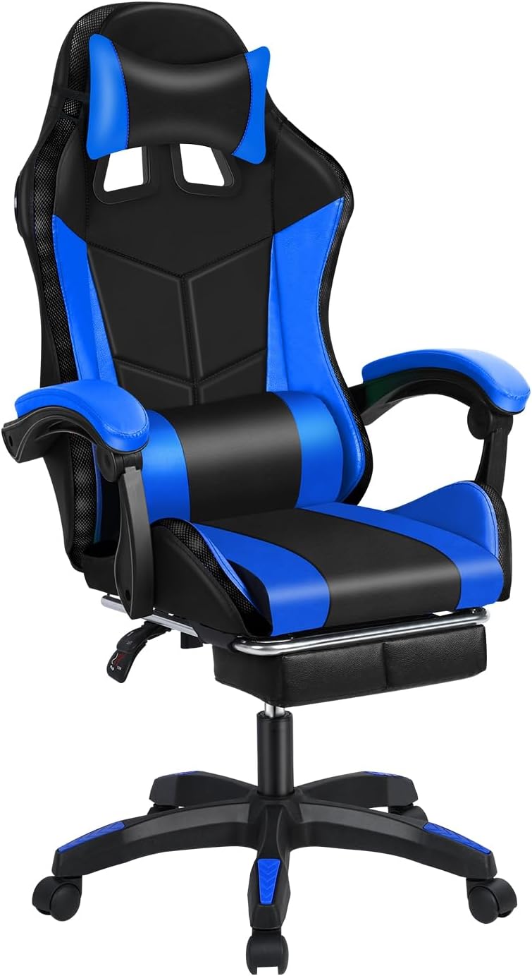 Talent Star Gaming Chair with Bluetooth-Compatible Speakers and RGB LED Lights, Ergonomic Massage Computer Chair with Height Adjustable, Video Game Chair High Back with Lumbar Support Black Blue