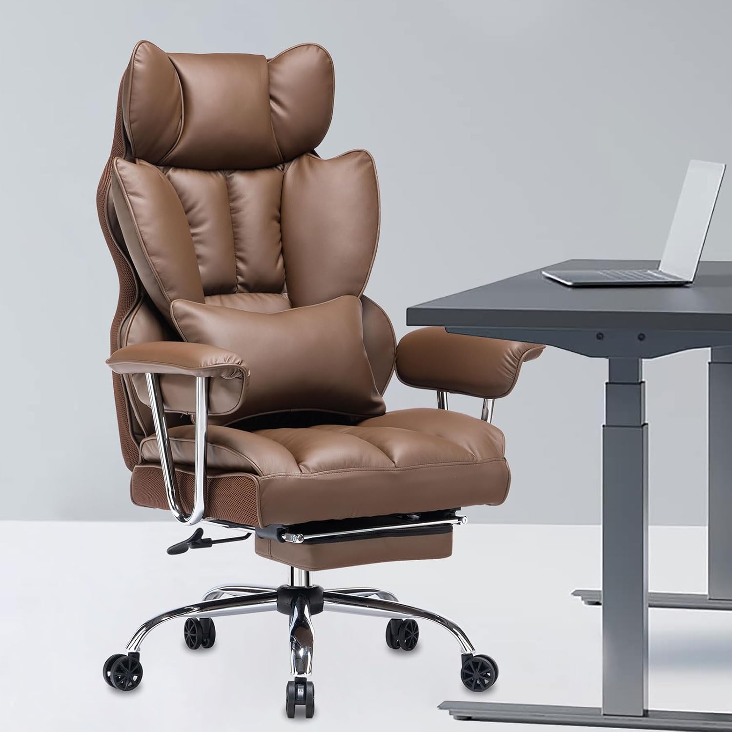 Efomao Executive Office Chair for Heavy People, High Back Chair with Foot Rest, Height Adjustable PU Leather Office Chair,Big and Tall Office Chair, Matte Brown Office Chair