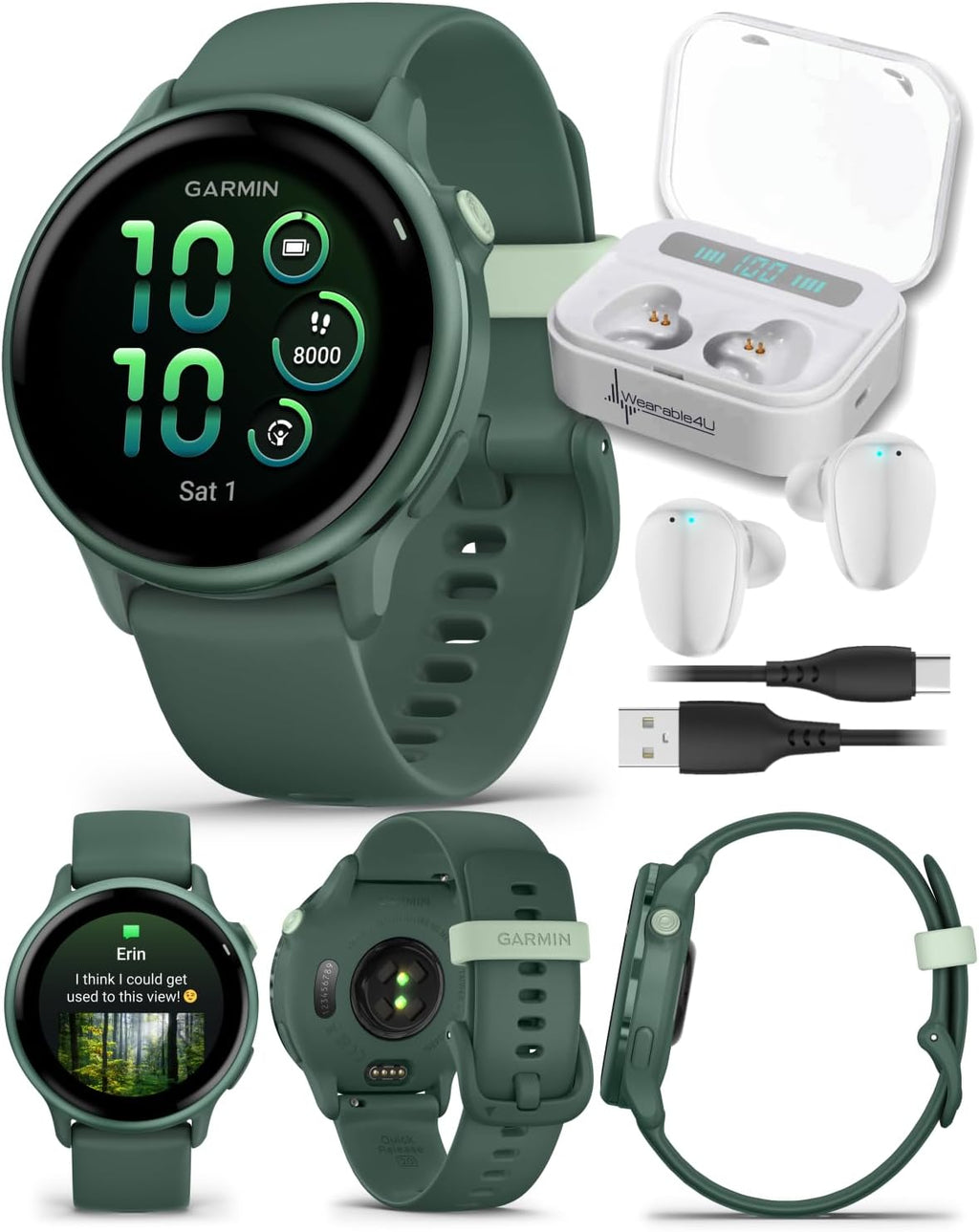 Garmin Vivoactive 6 - Health & Fitness Smartwatch, 1.2 in Bright AMOLED, GPS Sports Tracking, Up to 11 Days of Battery, Metallic Jasper Green & Jasper Green Band w White Earbuds Bundle
