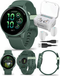 Garmin Vivoactive 6 - Health & Fitness Smartwatch, 1.2 in Bright AMOLED, GPS Sports Tracking, Up to 11 Days of Battery, Metallic Jasper Green & Jasper Green Band w White Earbuds Bundle