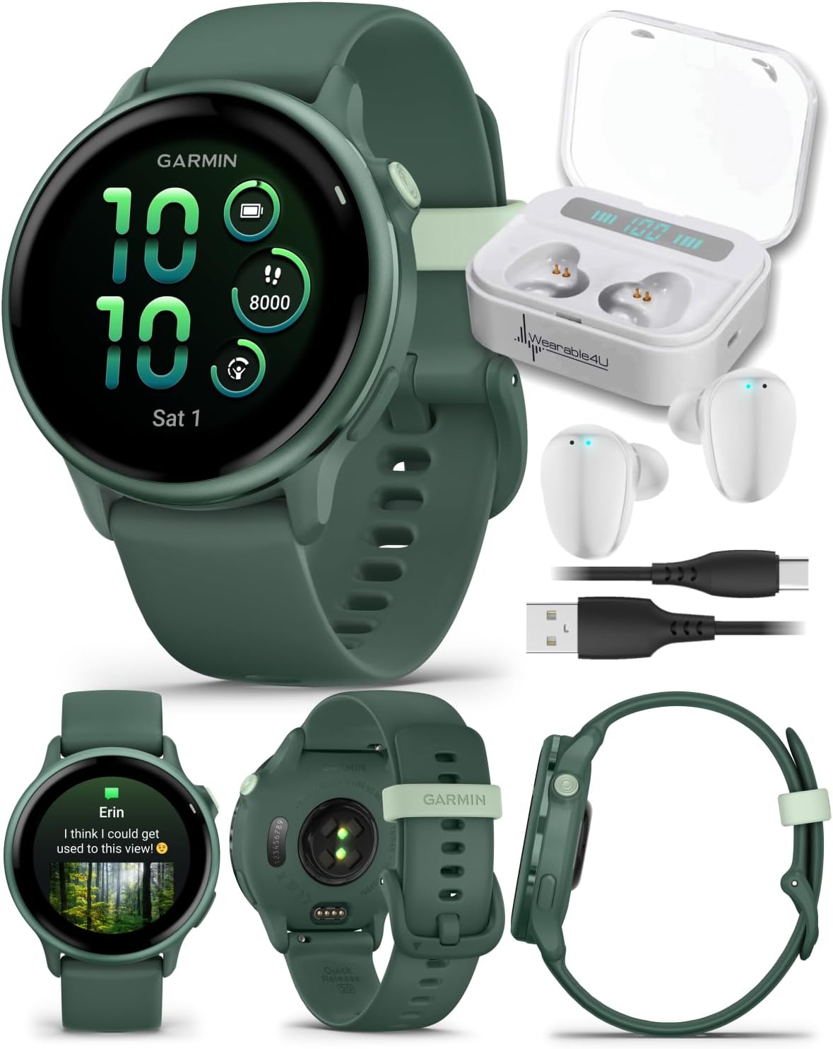 Garmin Vivoactive 6 - Health & Fitness Smartwatch, 1.2 in Bright AMOLED, GPS Sports Tracking, Up to 11 Days of Battery, Metallic Jasper Green & Jasper Green Band w White Earbuds Bundle
