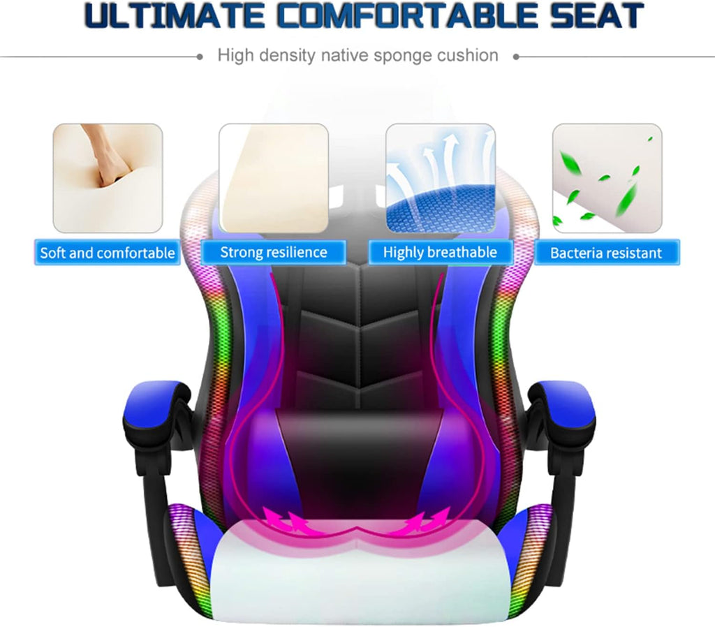 XOOFMASS RGB Gaming Chair with Massage and Footrest Large Ergonomic Computer Desk Chair Video Gaming Chair with Speakers and LED Light Effect, 90°-135° Adjustable Reclining Gamer Chair,White