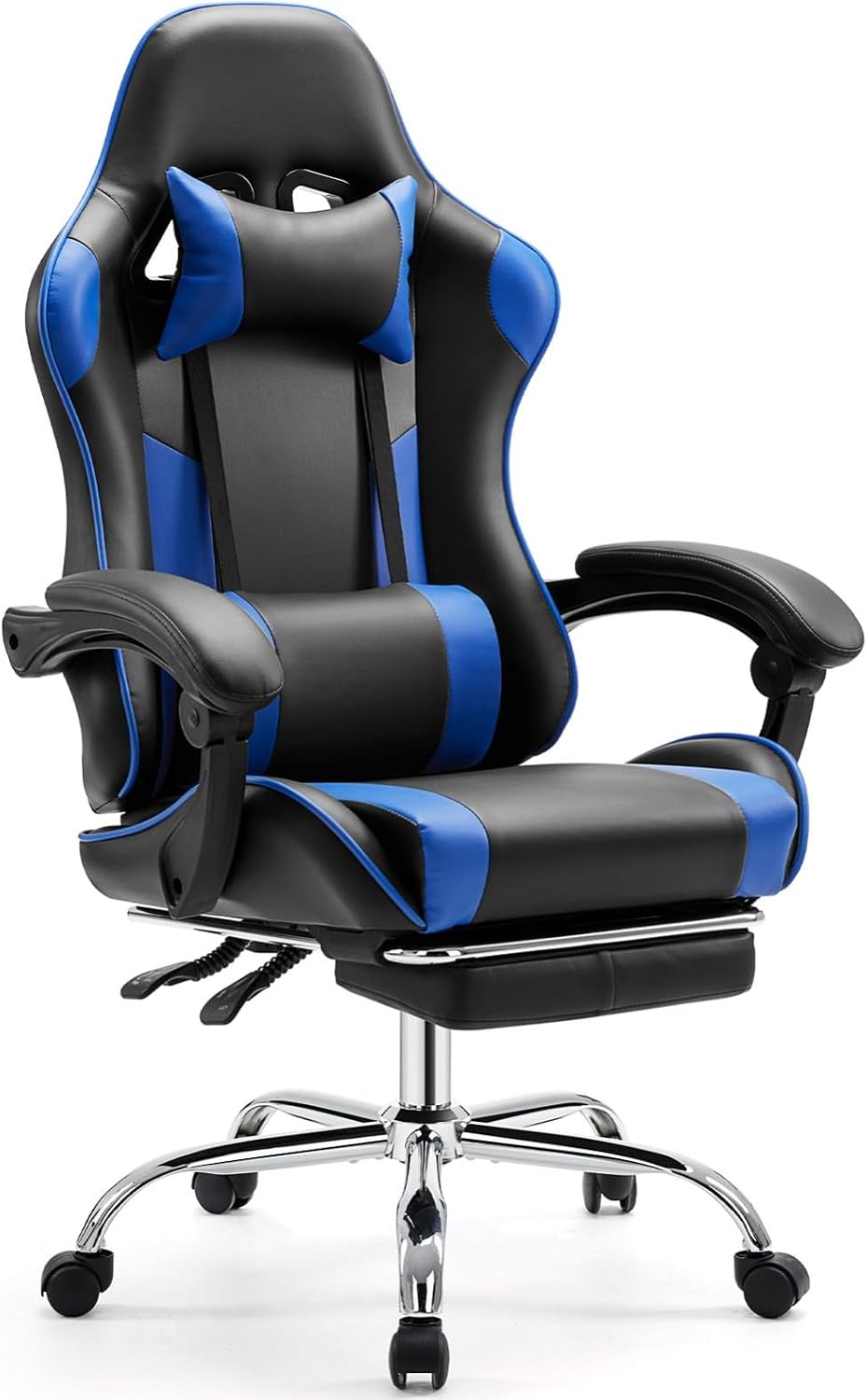 Heavy Duty Gaming Chair, Ergonomic Gamer Chair for Home Office with Footrest, Lumbar Support, Adjustable Backrest, Stable 360° Swivel Wheels for Adults, Professional Gamers and Teens, Blue