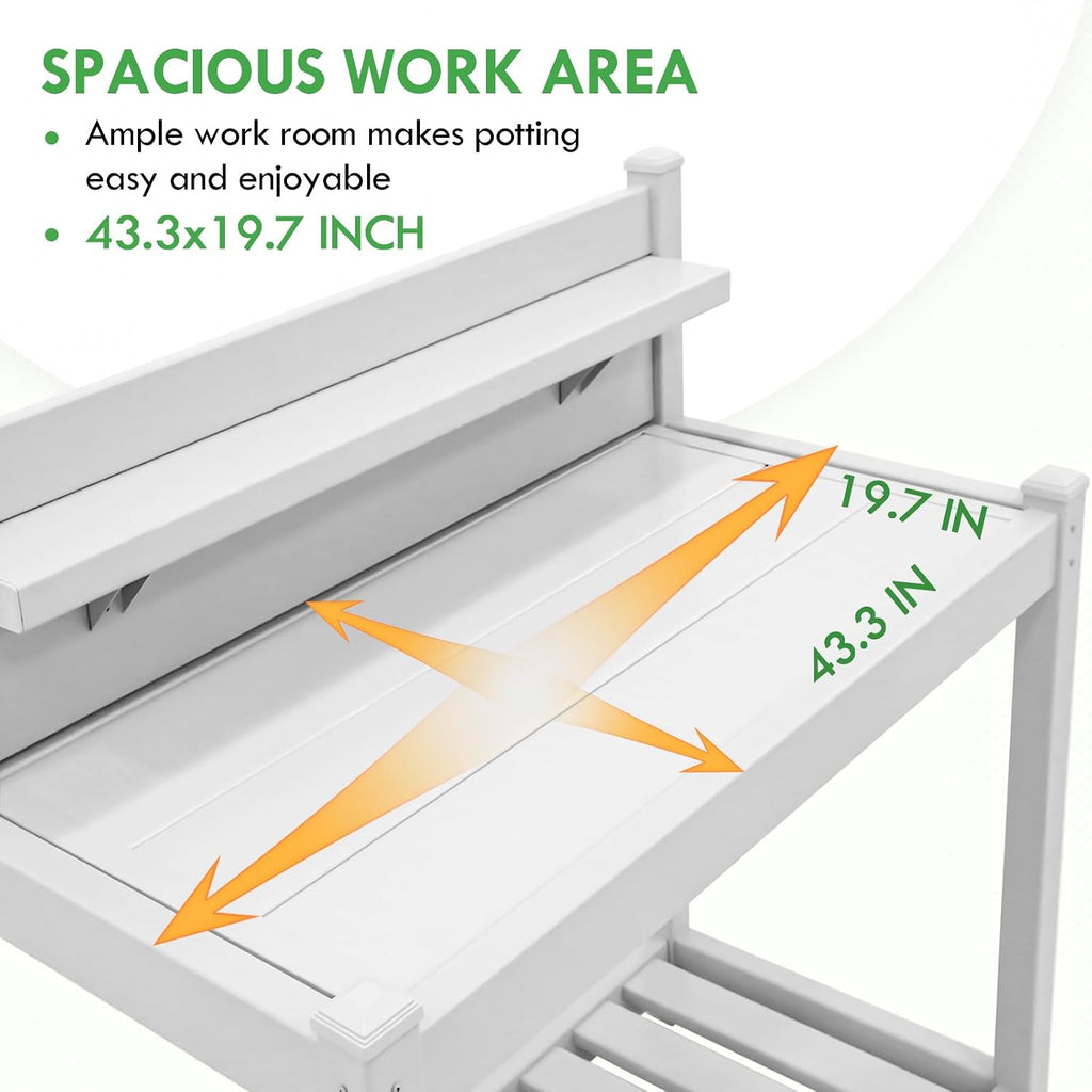 EAGLE PEAK Potting Bench, Weatherproof Vinyl Potting Table for Outdoor & Indoor Use, Easy Clean Garden Workstation with Storage Shelves, White, 40'